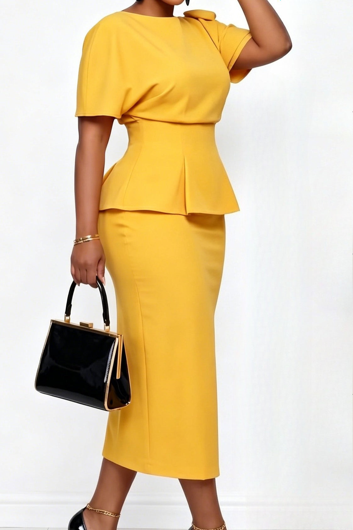 Elegant Bow Shoulder Peplum Midi Dress Lavish Daily