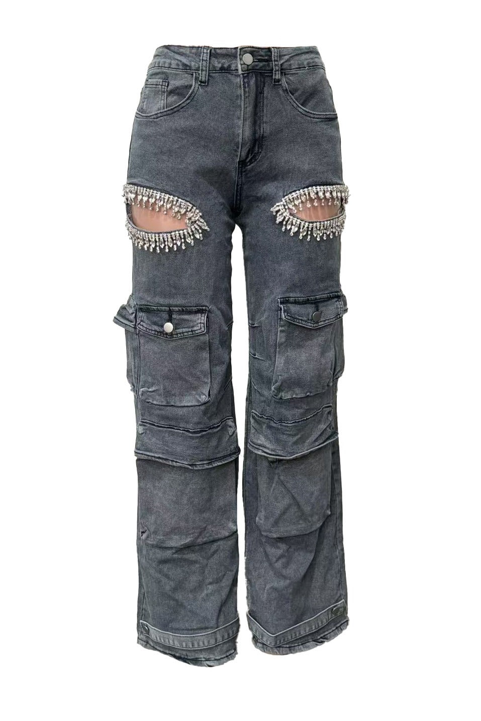 Rhinestone Cutout Wide Leg Cargo Pants LavishDaily