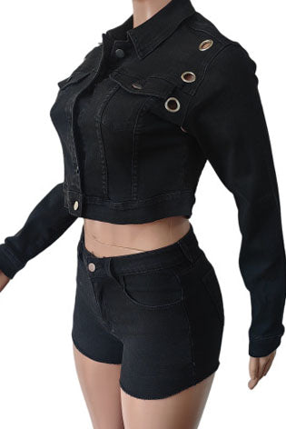 Eyelet Cropped Denim Jacket & Shorts Set Lavish Daily