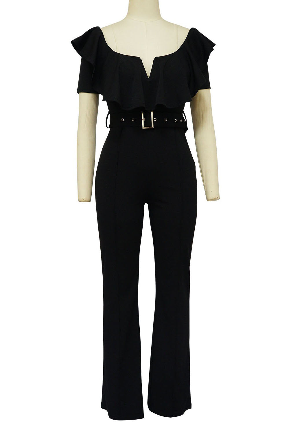 Plunging Ruffle Off-The-Shoulder Belted Flared Jumpsuit Lavish Daily