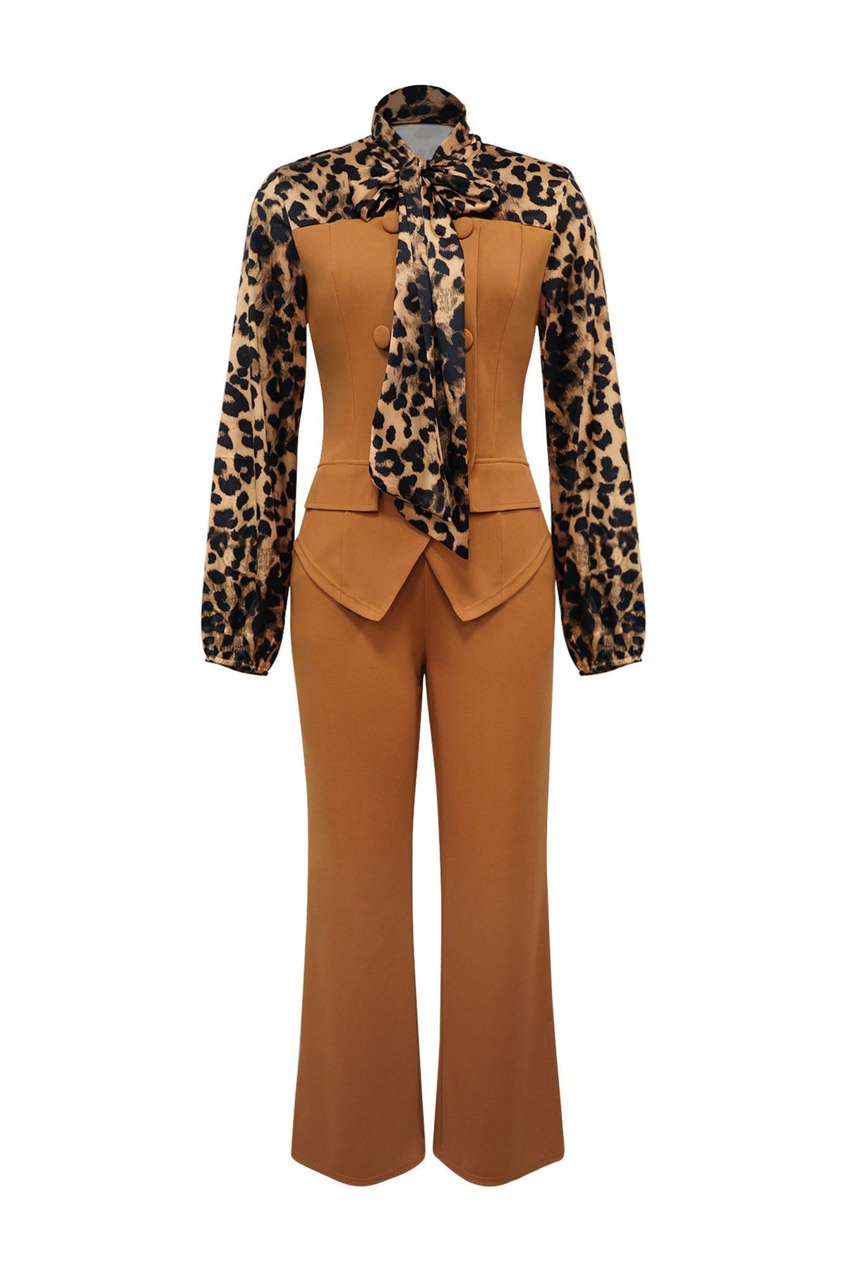 Leopard Print Tie-Neck Tailored Top & Wide Leg Pant Set Lavish Daily