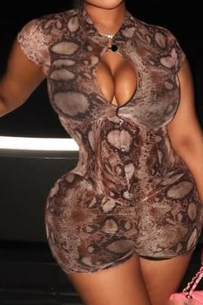 Snake Print Button-Front Bodycon Romper Lavish Daily