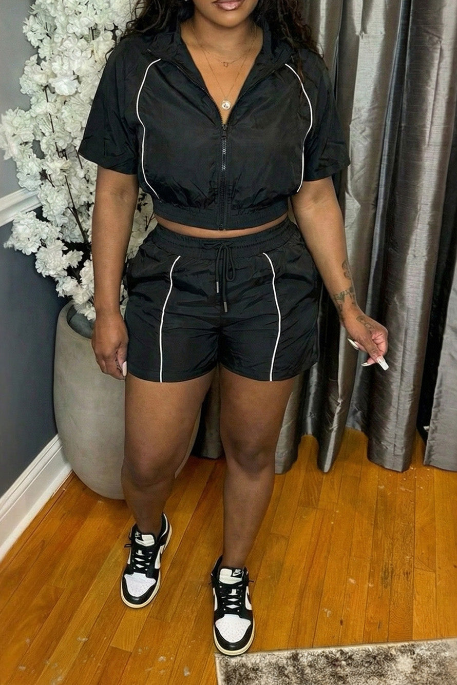 Contrast Piping Zip-Up Crop Top & Shorts Set Lavish Daily