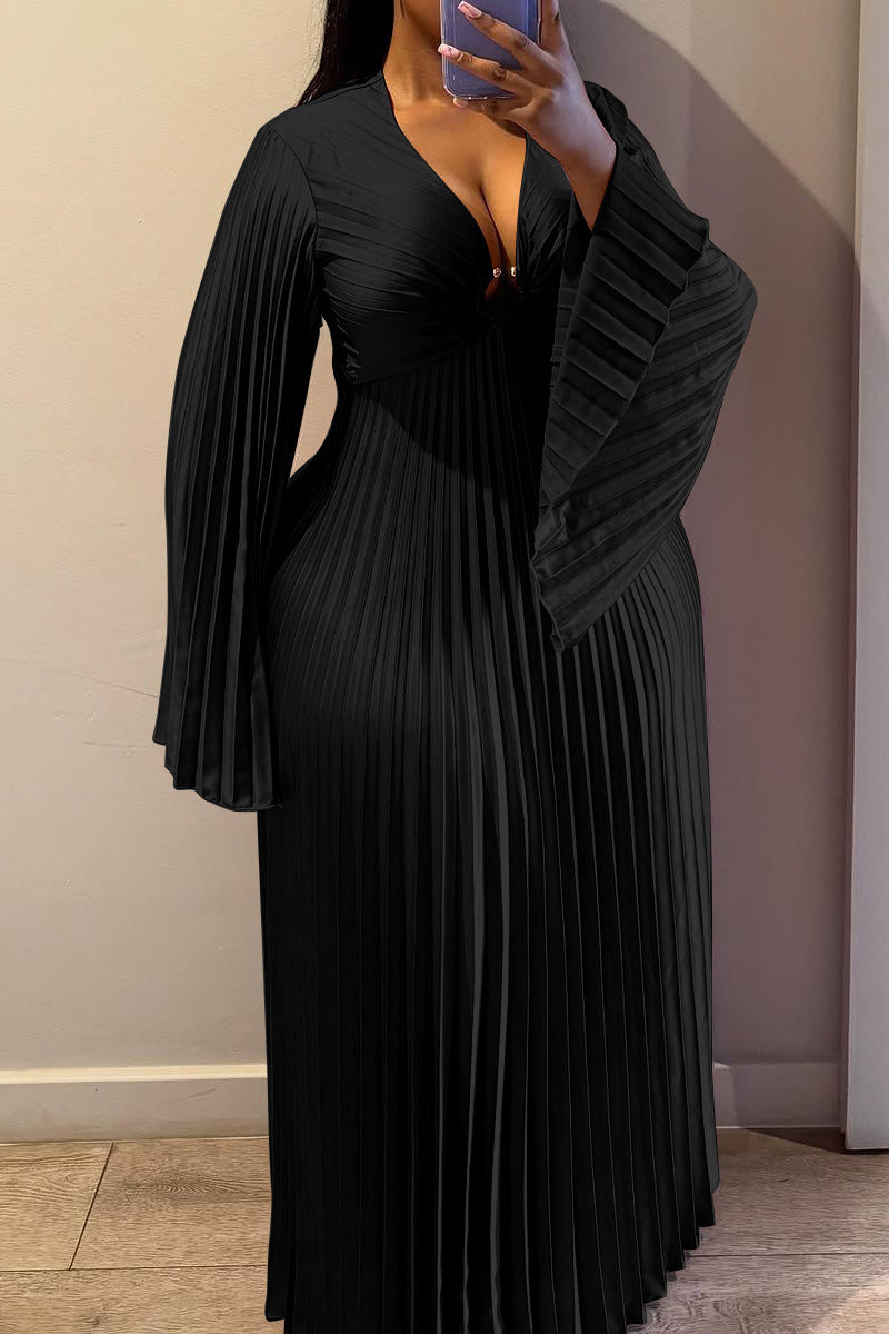 Plus Size V-Neck Pleated Flare Sleeve Maxi Dress Lavish Daily