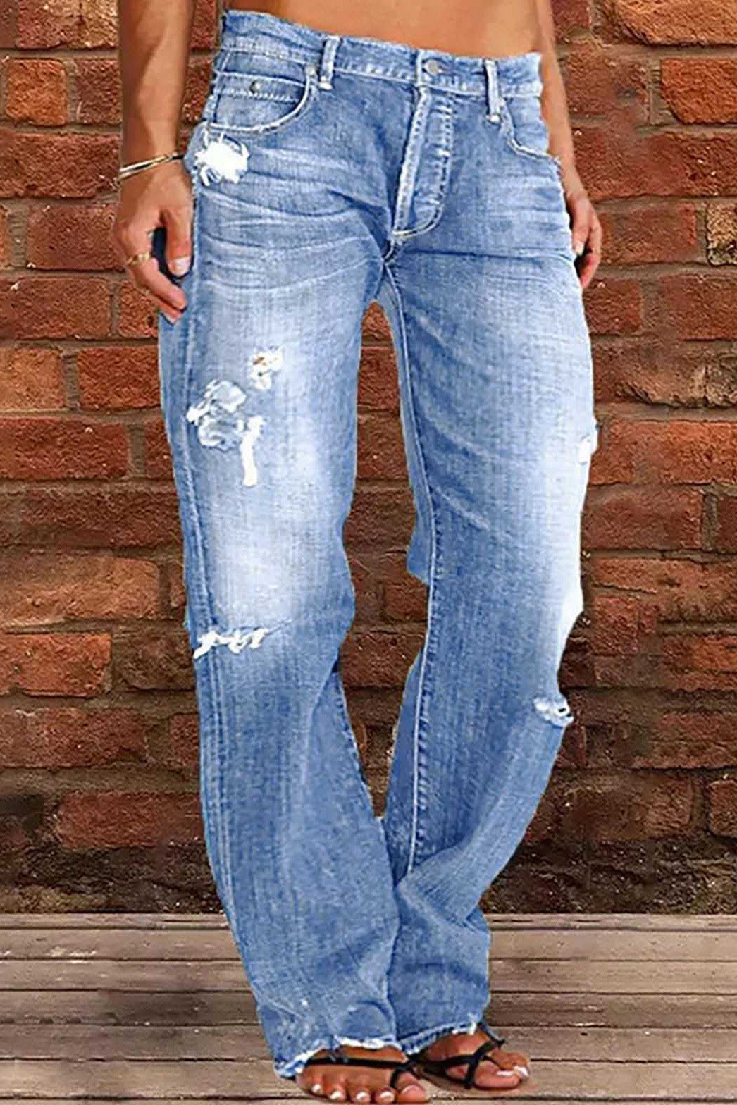 Distressed Mid-Rise Straight Leg Jeans Lavish Daily