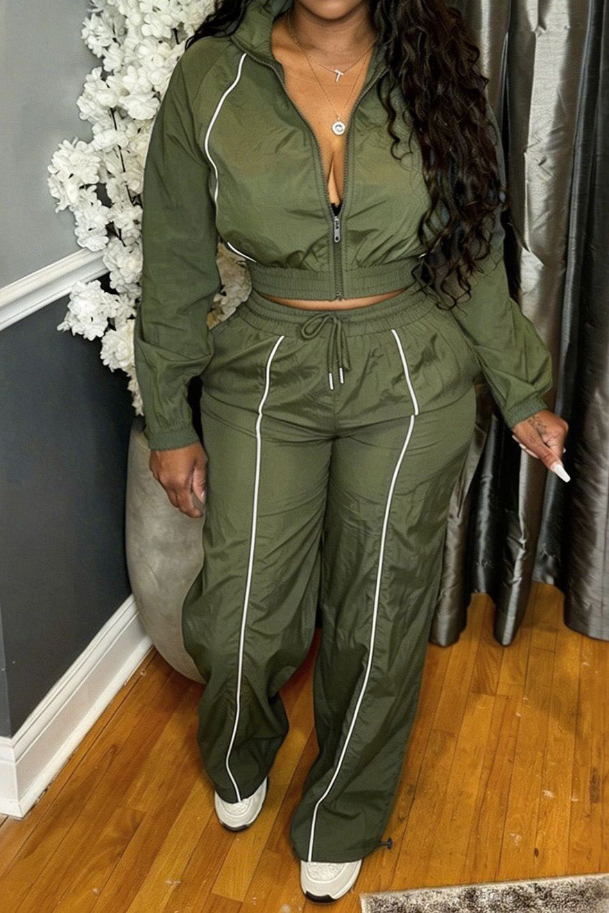 Zip-Front Piped Top & Wide-Leg Pants Set Lavish Daily