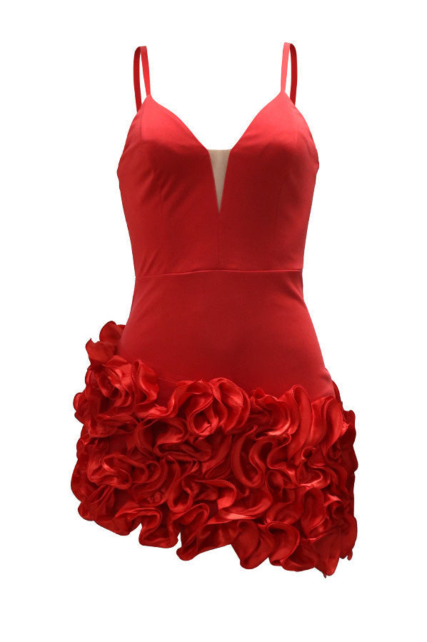 Plunging 3D Ruffle Asymmetrical Mini Dress Lavish Daily