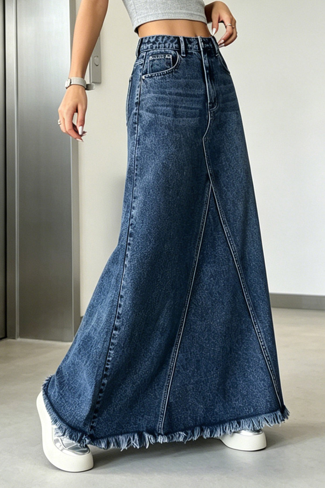Raw-Hem Godet Denim Maxi Skirt Lavish Daily
