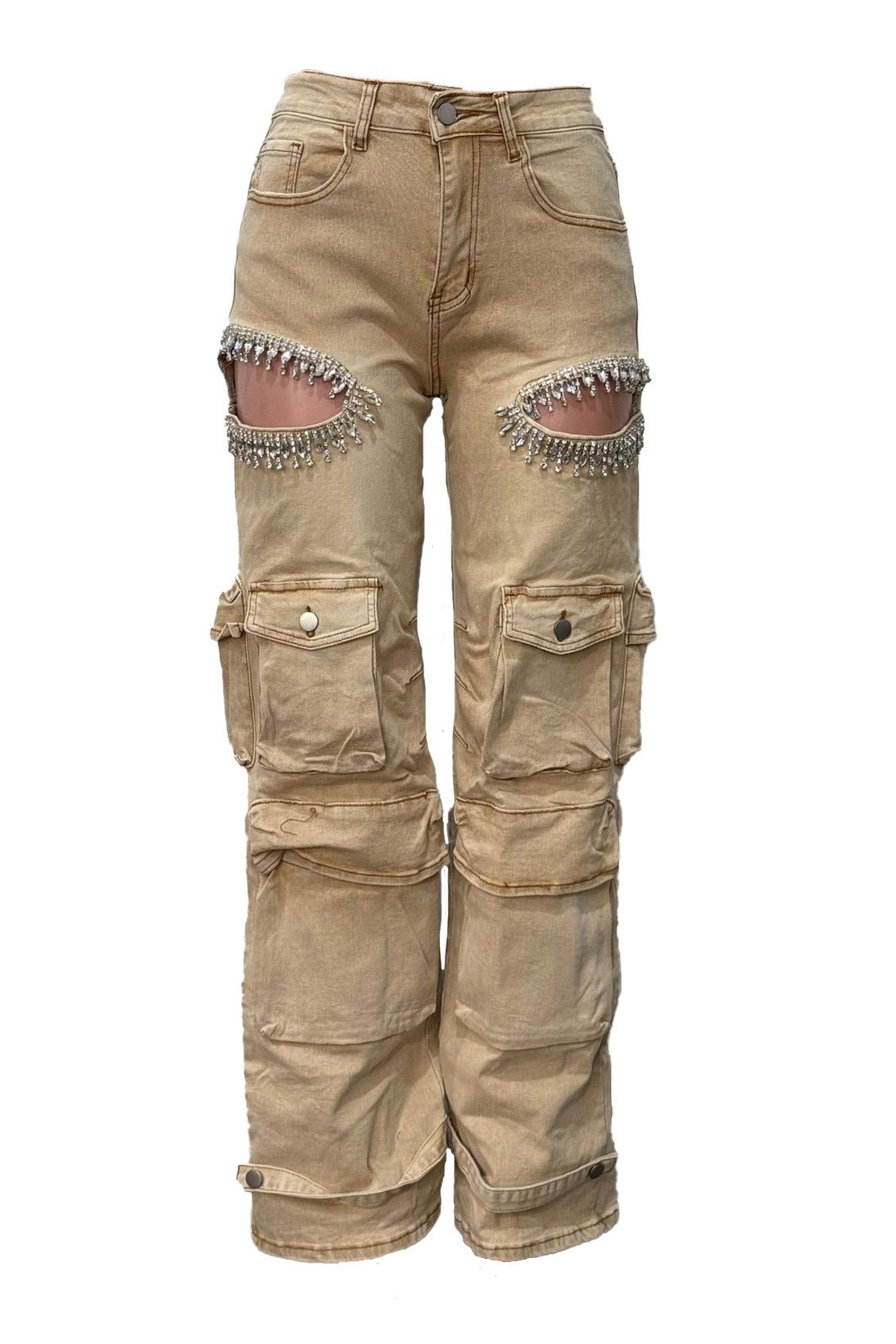 Rhinestone Cutout Wide Leg Cargo Pants LavishDaily