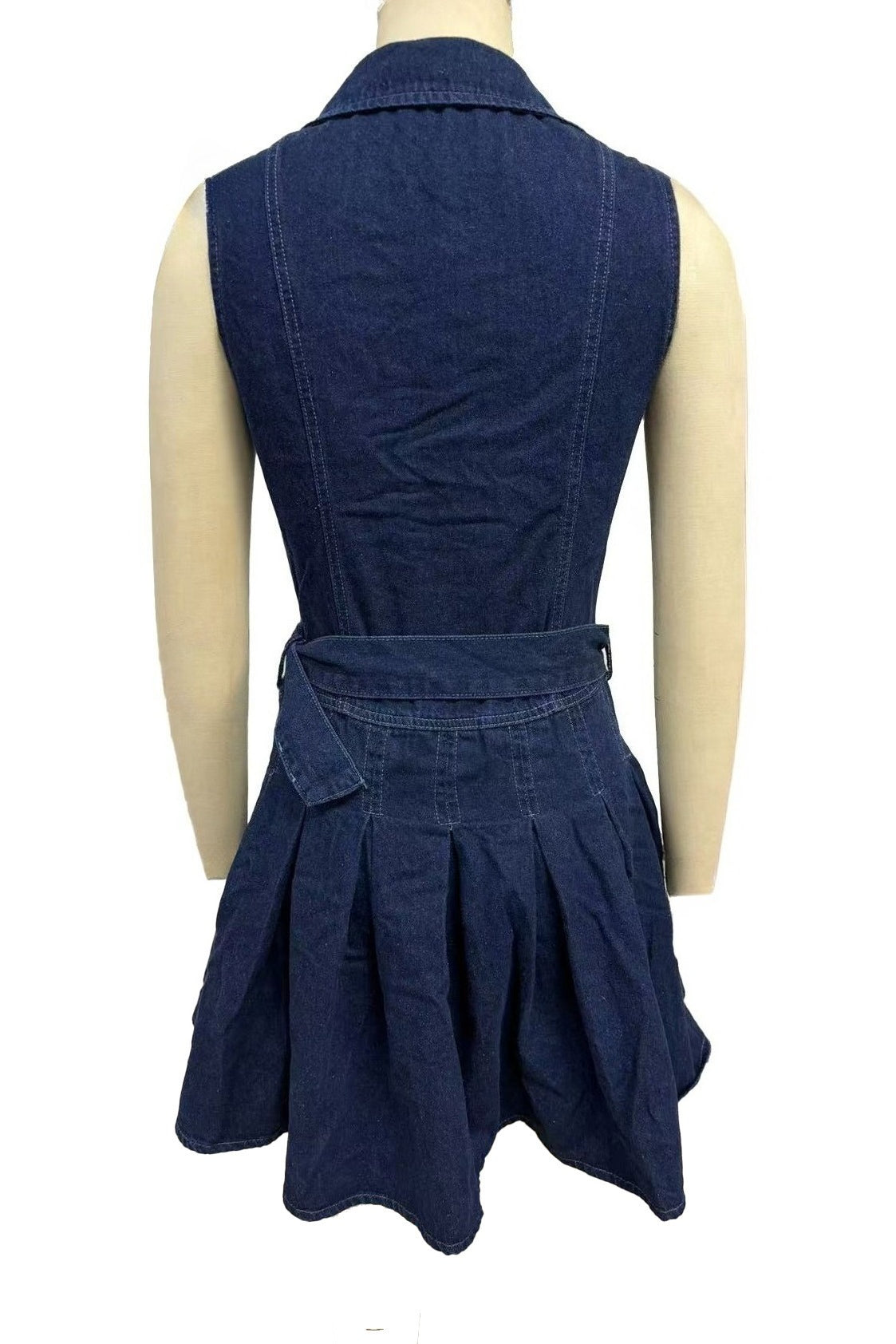 Belted Pleated Denim Mini Dress Sleeveless Lavish Daily