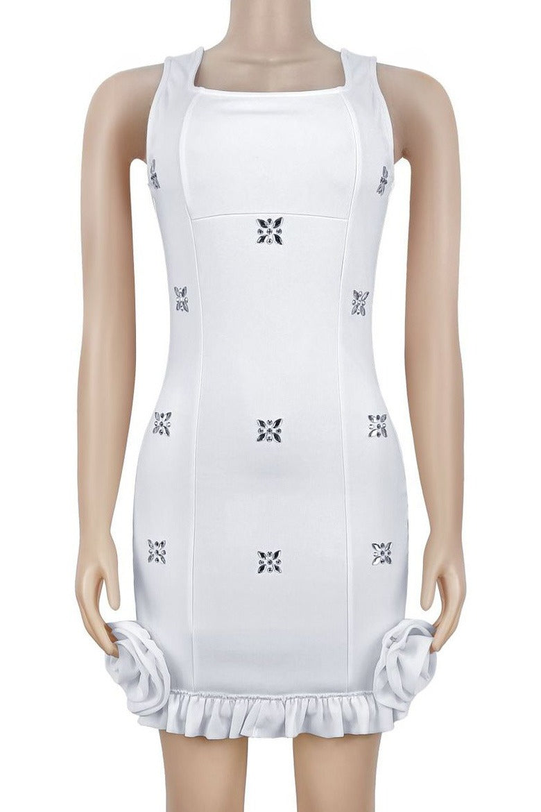 Rhinestone 3D Rosette Hem Mini Dress Lavish Daily