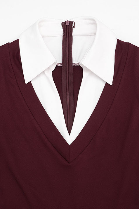 Contrast-Collar V-Neck Long-Sleeve Romper Lavish Daily