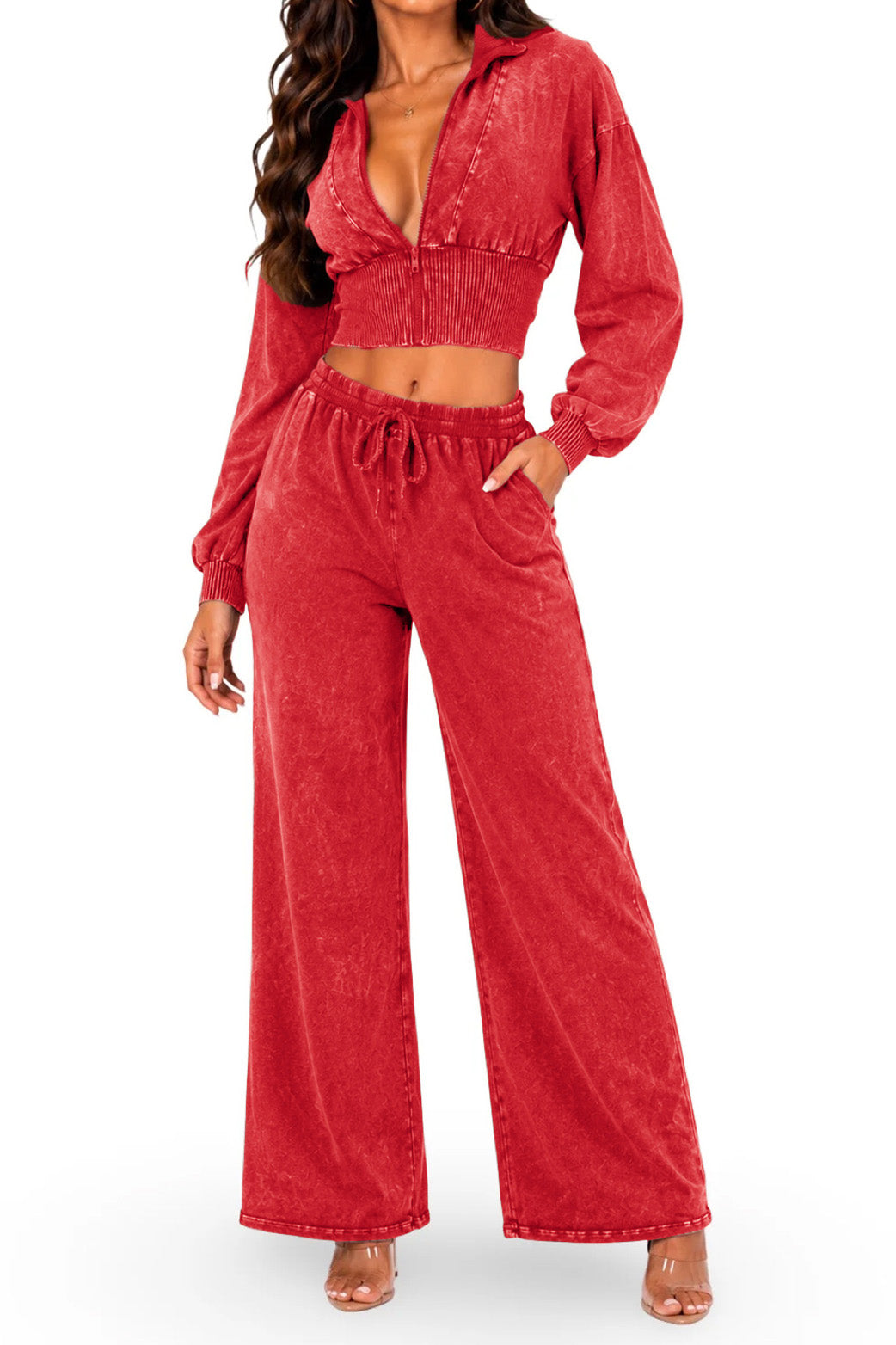 Washed Cropped Zip Jacket Wide Leg Pants Set Lavish Daily