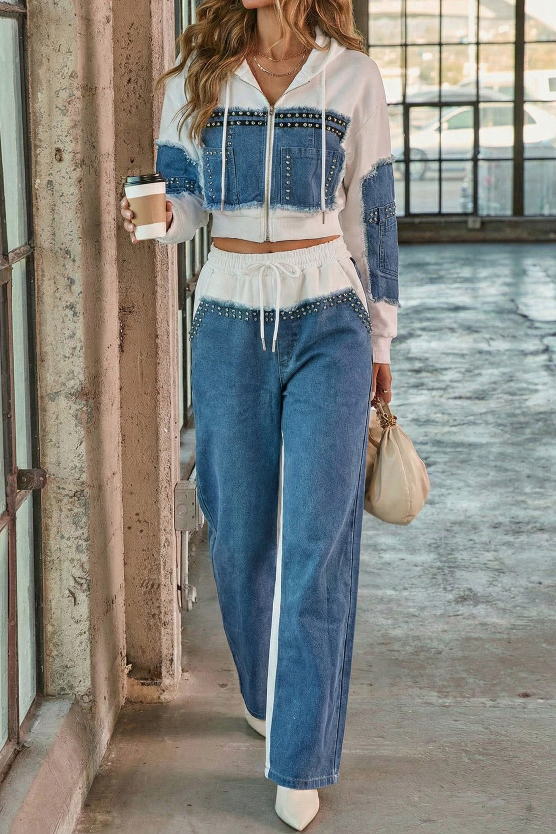 Studded Denim Patchwork Two Piece Set Lavish Daily