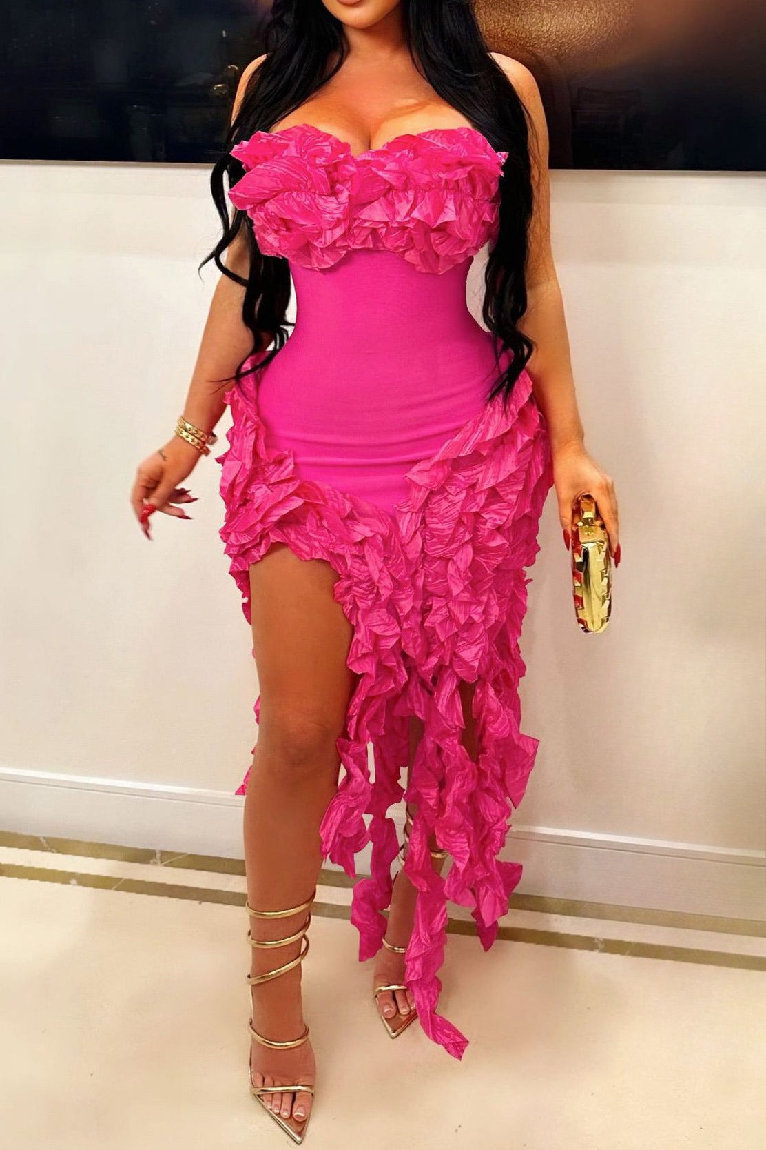 Strapless 3D Ruffle Asymmetrical Dress Lavish Daily