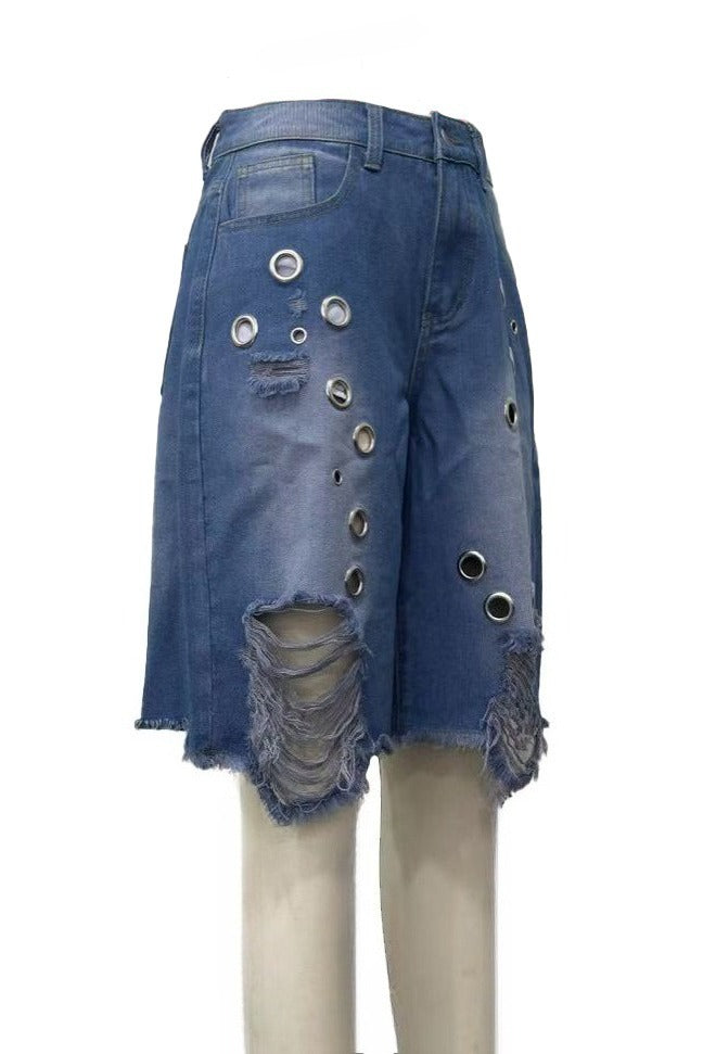 Distressed Eyelet Denim Shorts LavishDaily