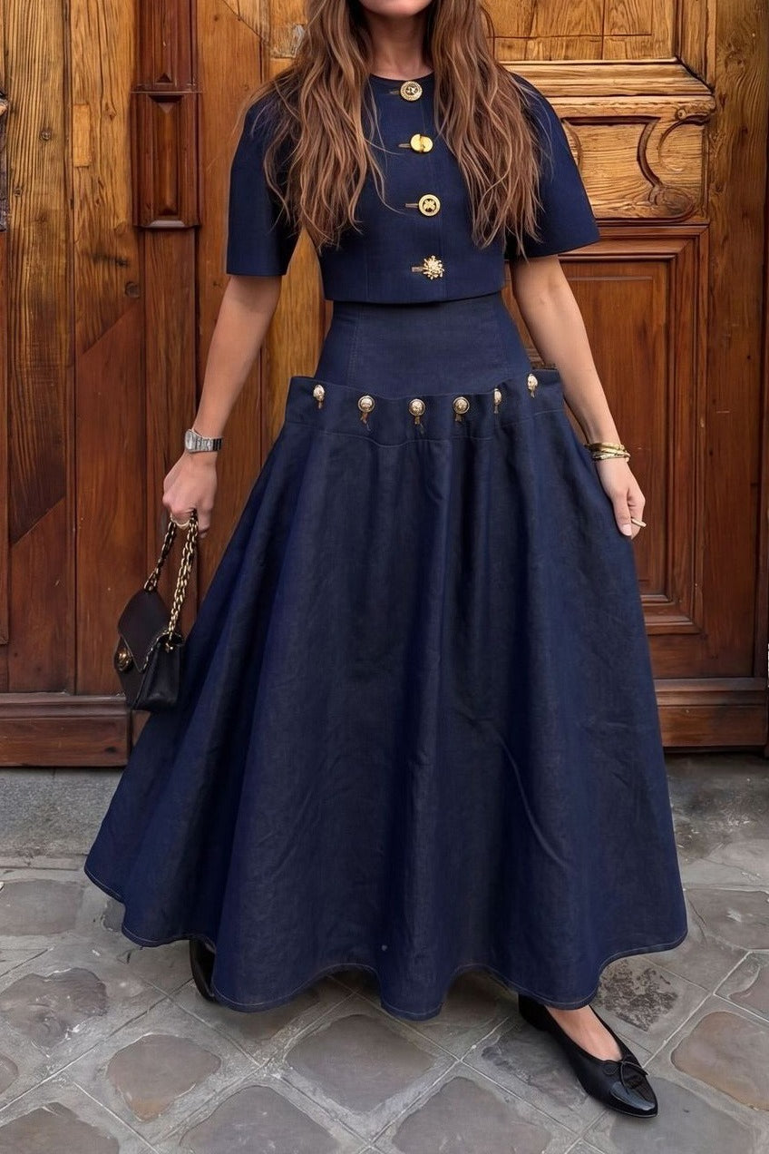 Statement Button Denim Top & Skirt Set Lavish Daily
