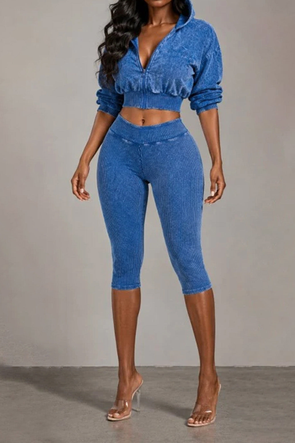 Washed Hoodie & Ribbed Capri Leggings Set Lavish Daily