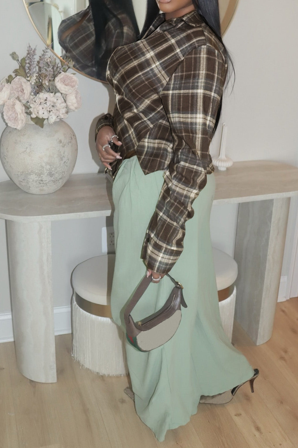 Plaid V-Neck Fold-Sleeve Split Hem Top Lavish Daily