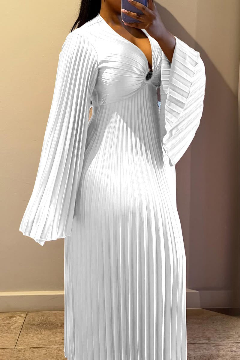 Plus Size V-Neck Pleated Flare Sleeve Maxi Dress Lavish Daily