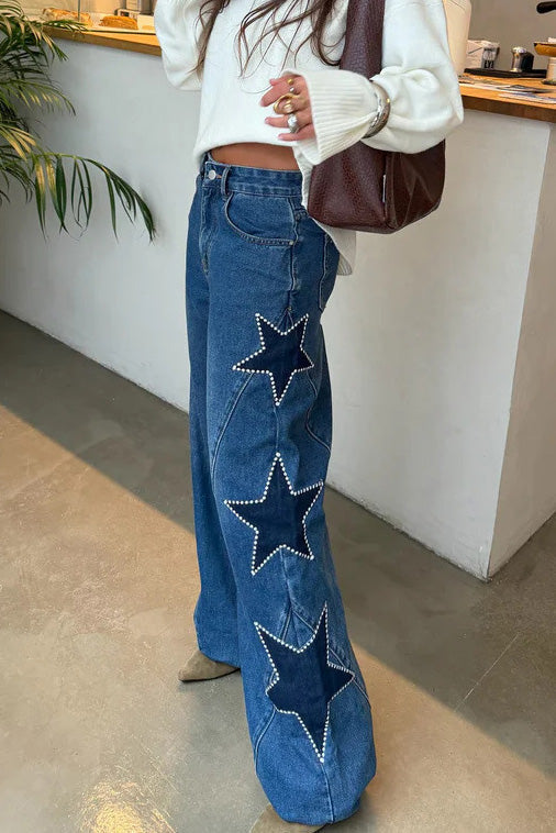 High-Waisted Star Patch Wide Leg Jeans Lavish Daily