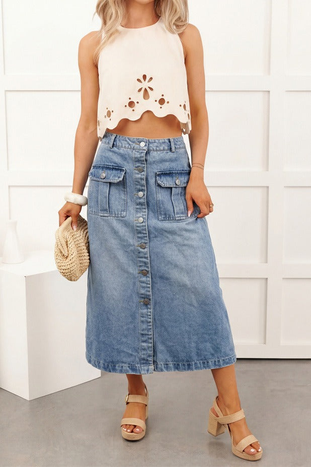 Button Front Cargo Denim Midi Skirt LavishDaily