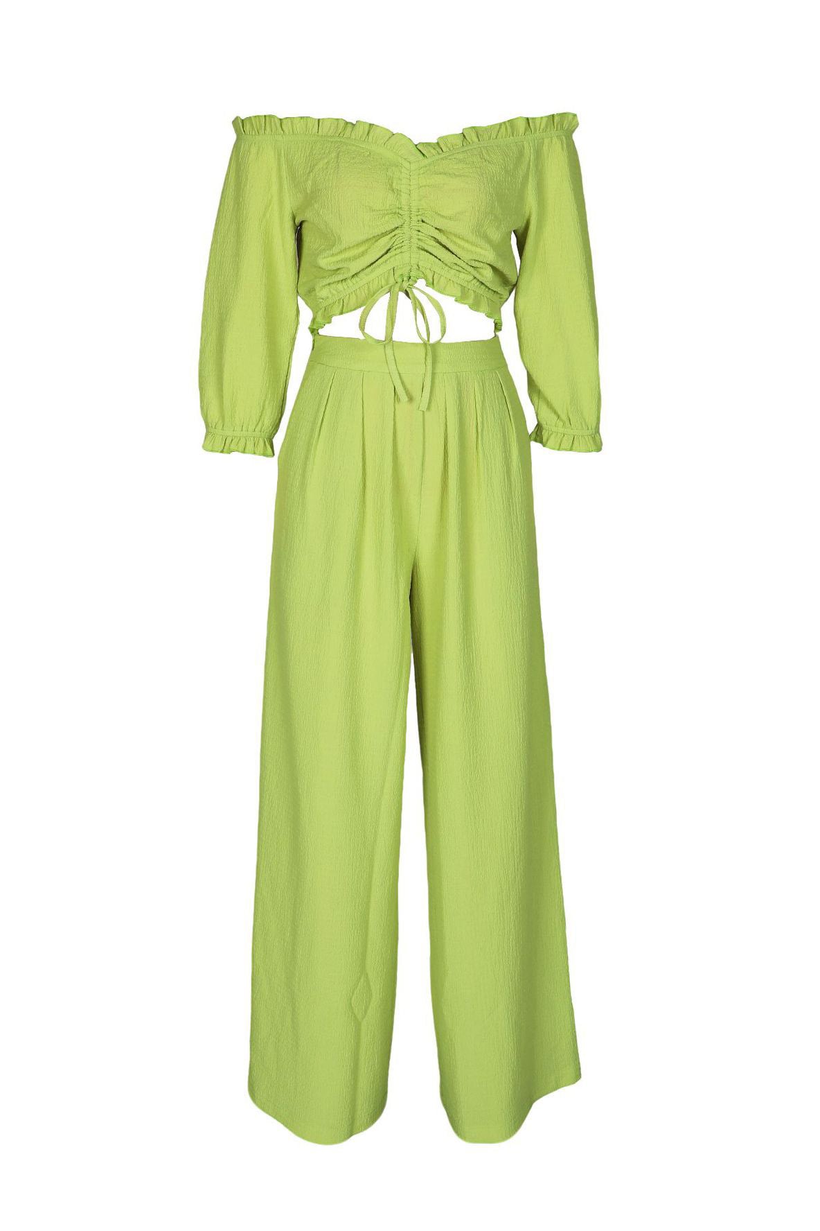 Textured Off-Shoulder Ruched Top & Wide Leg Pants Set Lavish Daily