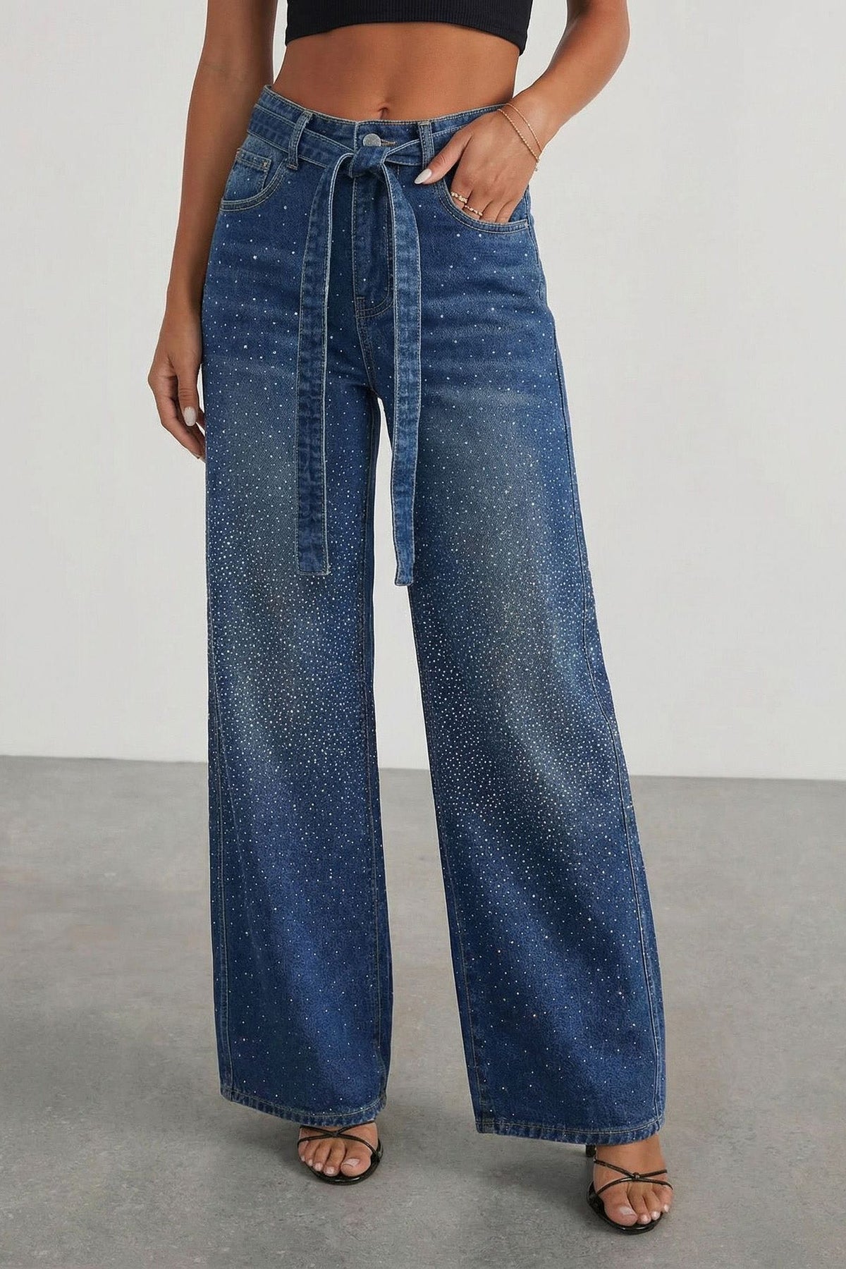 Rhinestone Sparkle Wide Leg Jeans High Waisted Lavish Daily