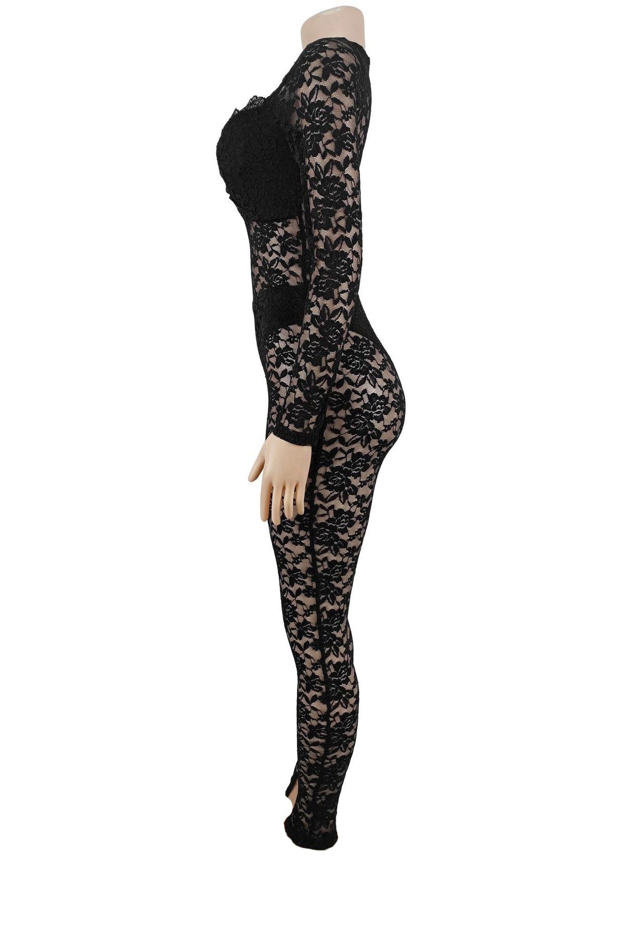 Sheer Lace Long-Sleeve Cutout Jumpsuit Lavish Daily
