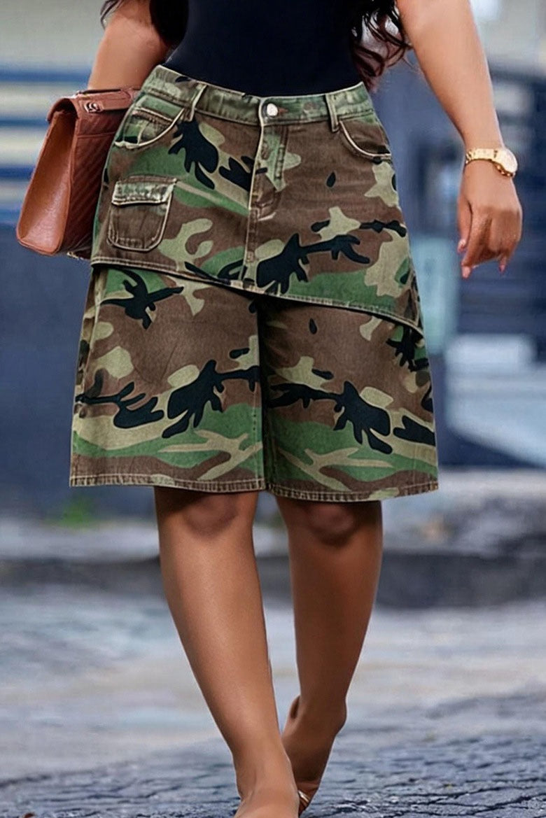 Asymmetrical Camo Denim Shorts Lavish Daily