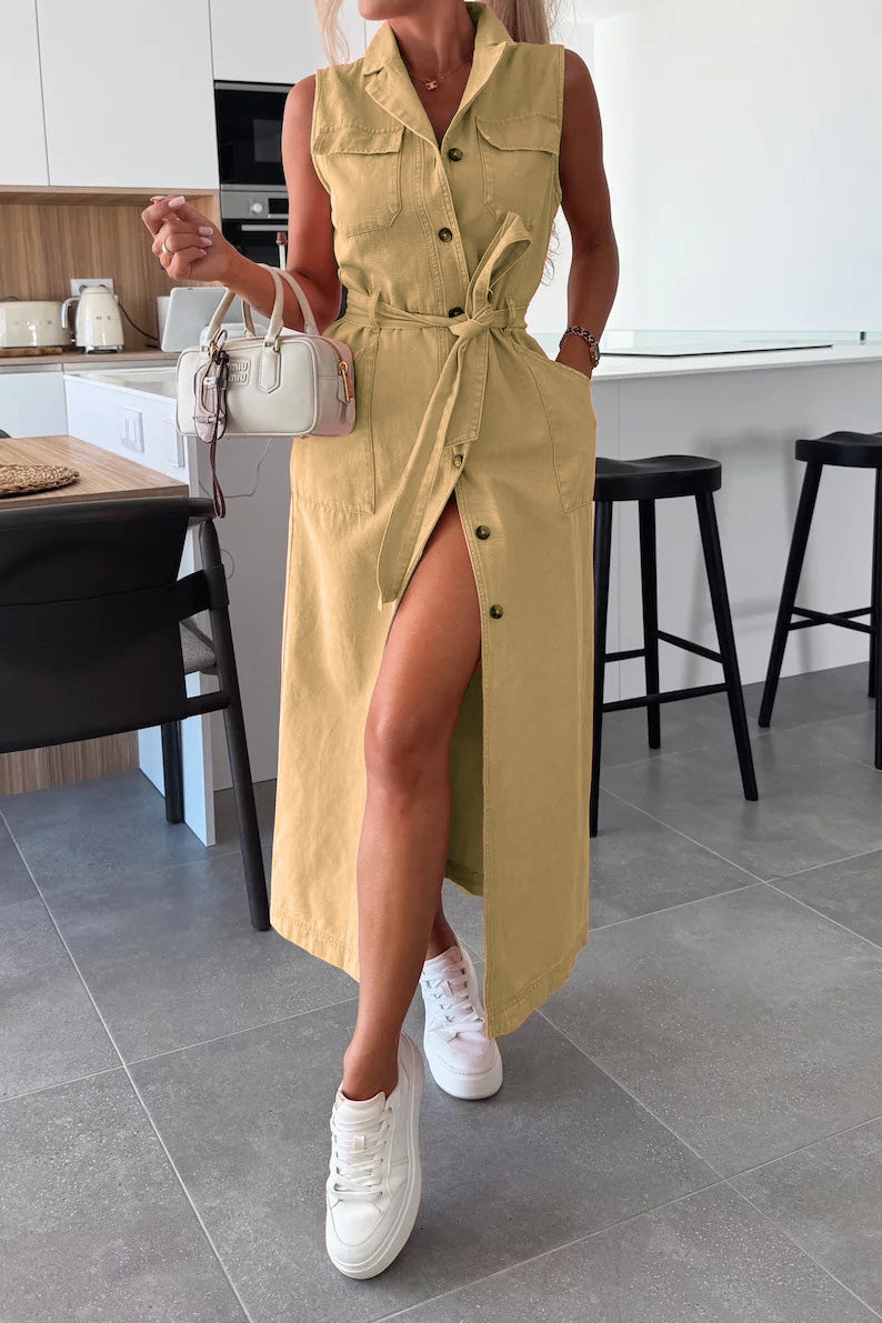 Sleeveless Belted Utility Maxi Shirt Dress Lavish Daily