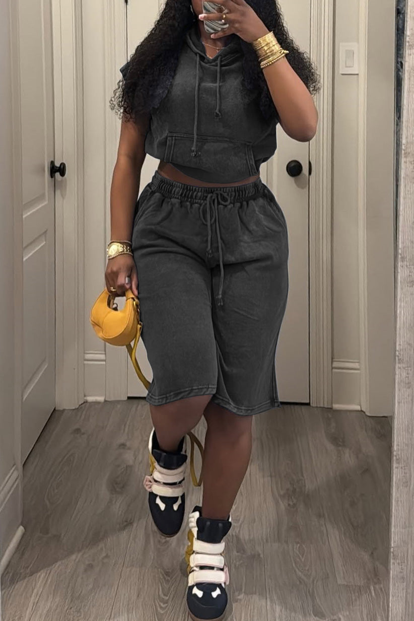 Acid Wash Cropped Hoodie & Shorts Set Lavish Daily