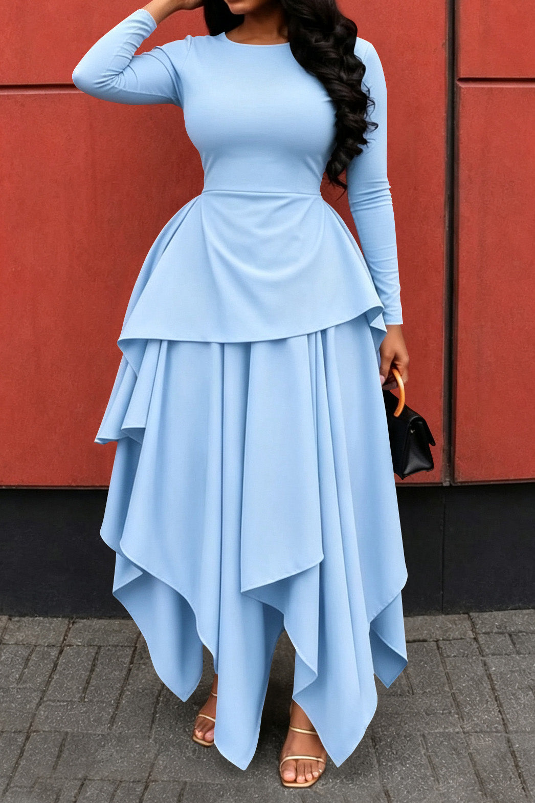 Long-Sleeve Ruffle Hem High-Low Dress Lavish Daily