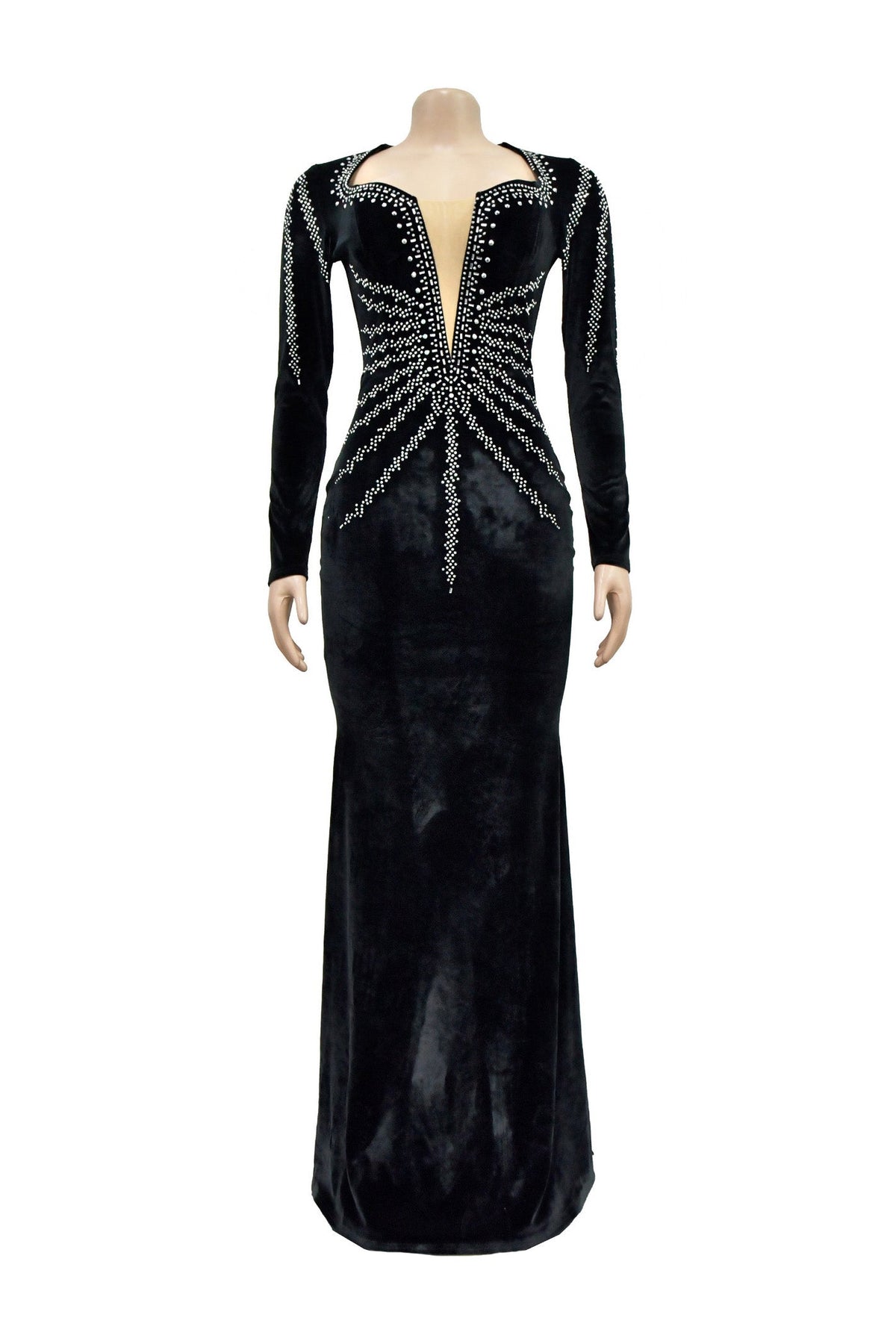 Rhinestone Plunge Illusion Velvet Maxi Dress Lavish Daily