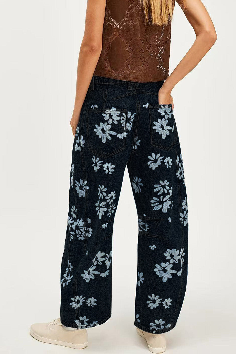 Floral Print Relaxed Barrel Leg Jeans Lavish Daily