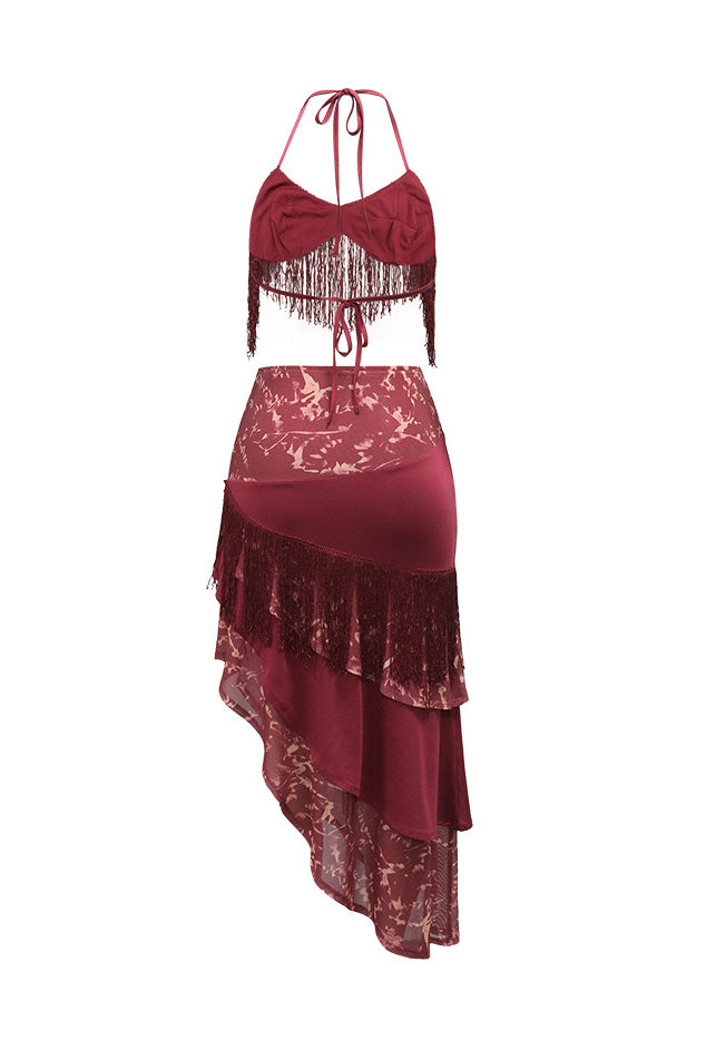 Asymmetric Fringe Halter Skirt Set Lavish Daily