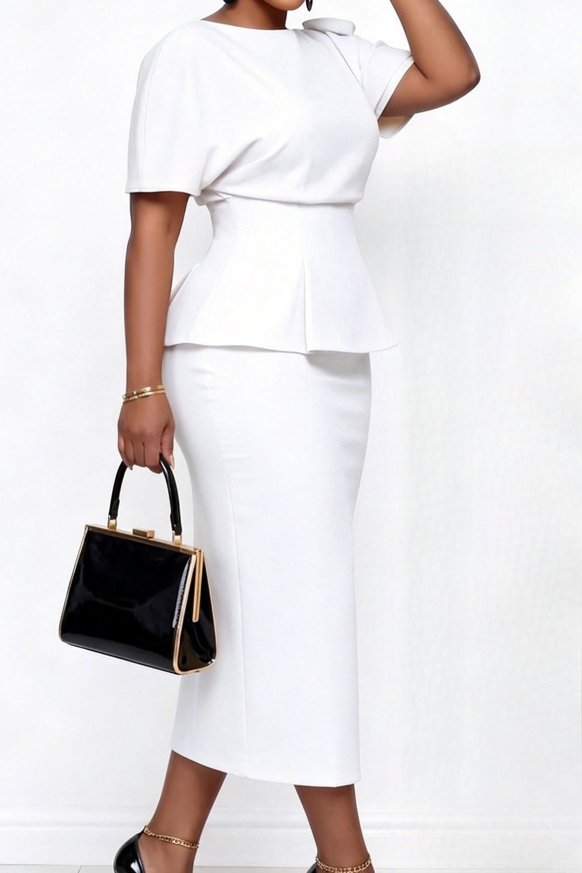 Elegant Bow Shoulder Peplum Midi Dress Lavish Daily