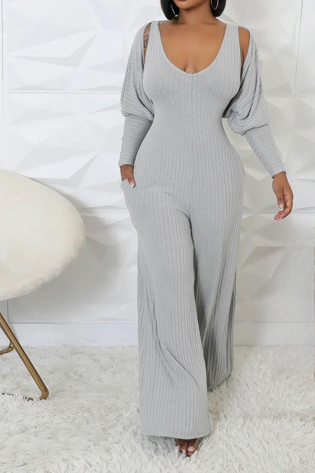 2-Piece Ribbed Knit Tank Jumpsuit & Cropped Top Set Lavish Daily