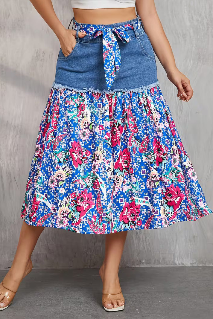 Frayed Denim Patchwork Boho Midi Skirt Lavish Daily