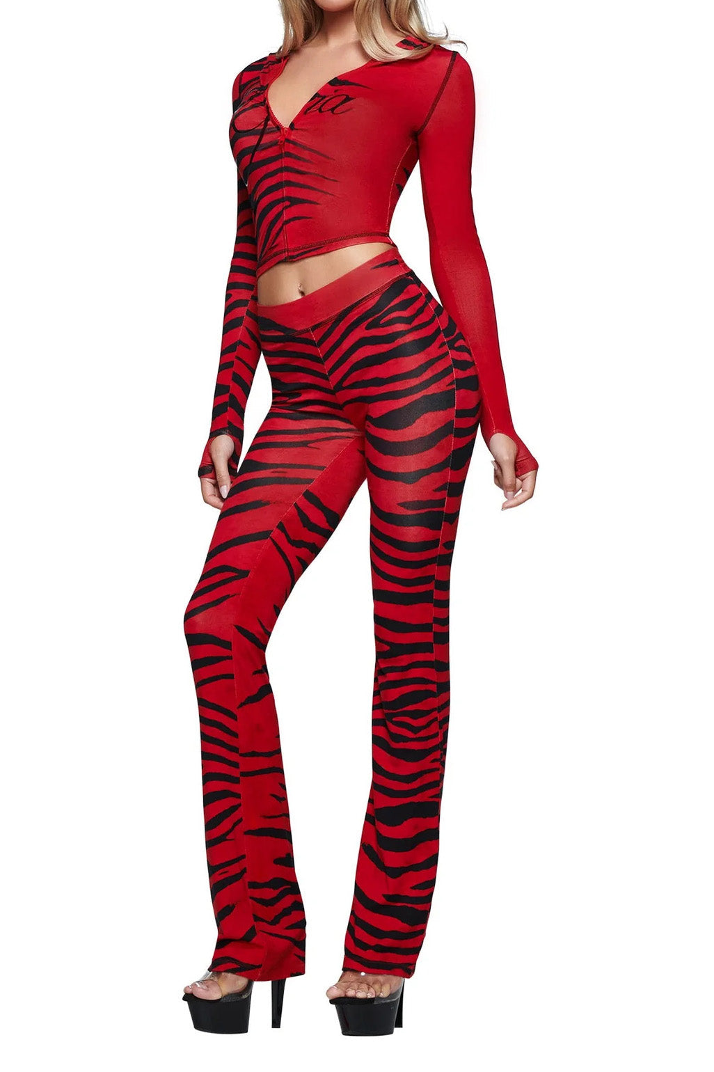Printed Zip Hoodie Flare Pants Set Lavish Daily