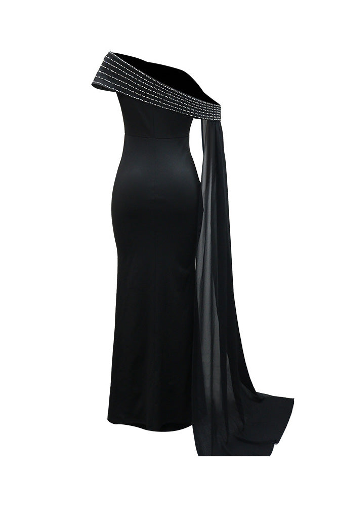 Rhinestone Cape One Shoulder Maxi Dress Lavish Daily
