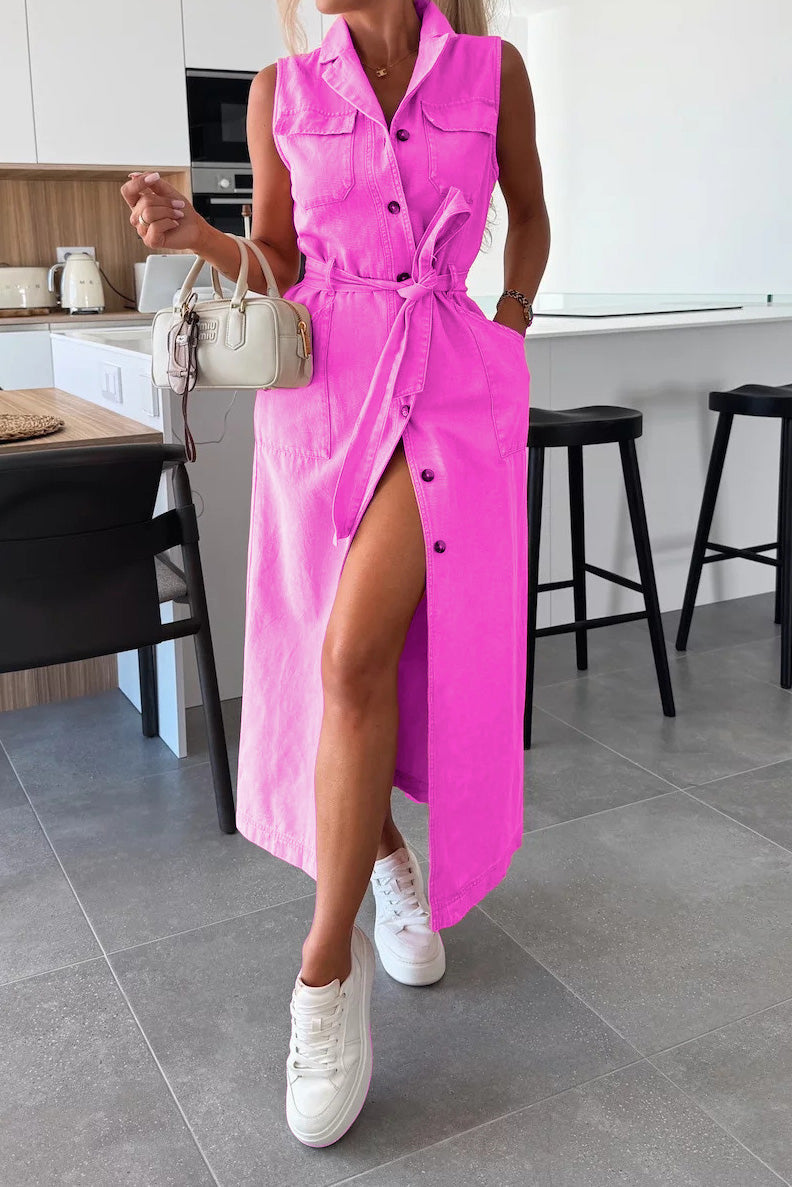 Sleeveless Belted Utility Maxi Shirt Dress Lavish Daily