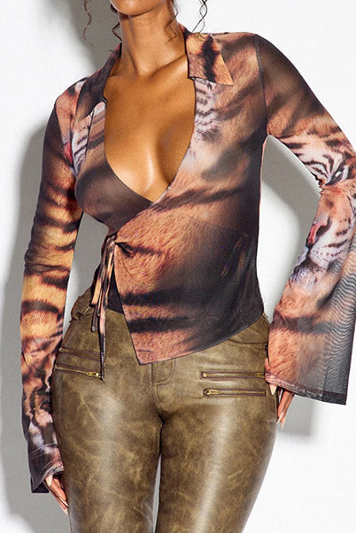 Tiger-Print Tie-Front Mesh Shirt Lavish Daily