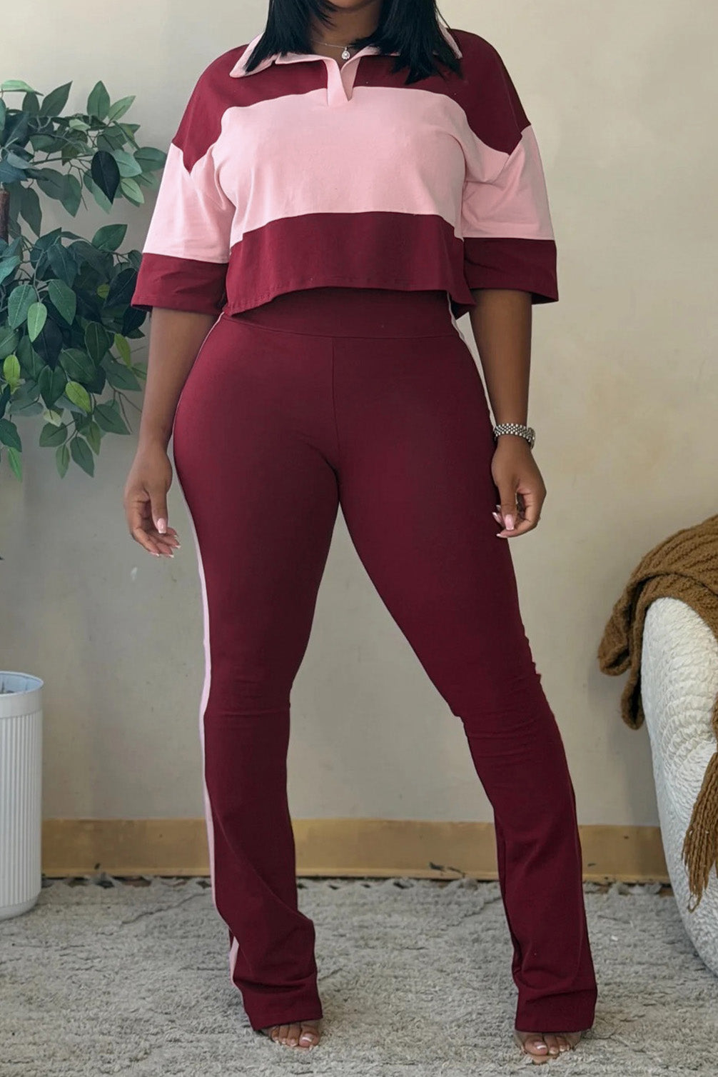 Collared Top & Flare Pants Two-Piece Set Lavish Daily