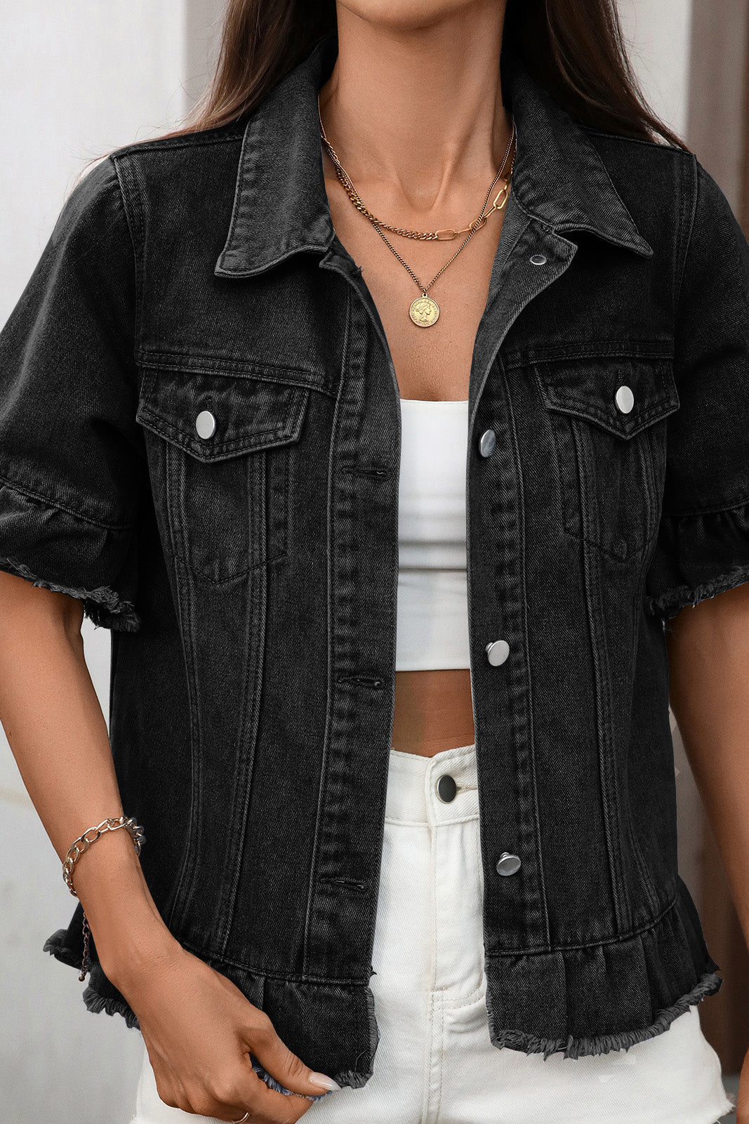 Ruffled Raw Hem Short Sleeve Denim Jacket Lavish Daily
