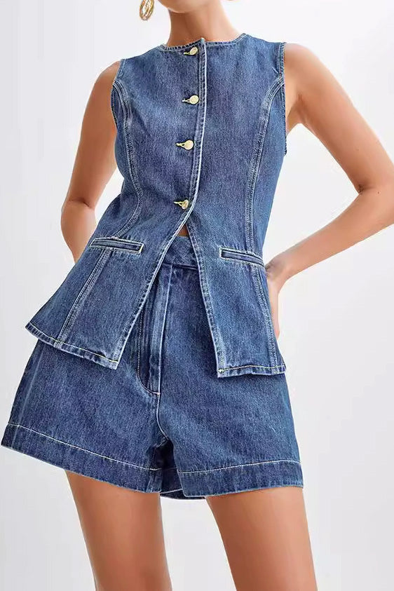 Denim Button-Up Vest & Shorts Set Lavish Daily
