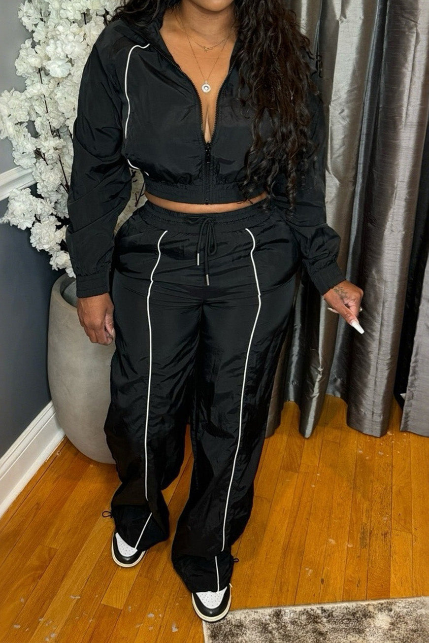 Zip-Front Piped Top & Wide-Leg Pants Set Lavish Daily