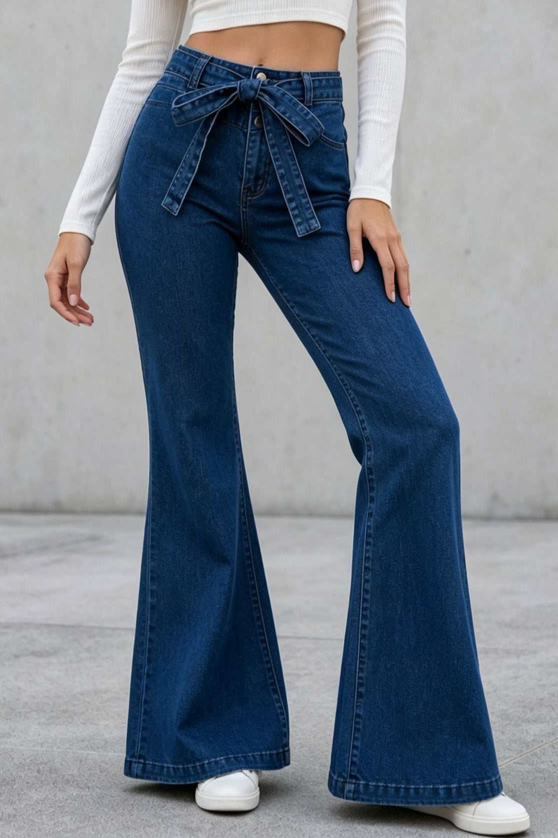 Medium Stretch High Rise Tie Belt Flare Jeans Lavish Daily