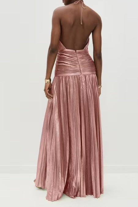 Metallic Pleated Halter Tie Split Dress Lavish Daily