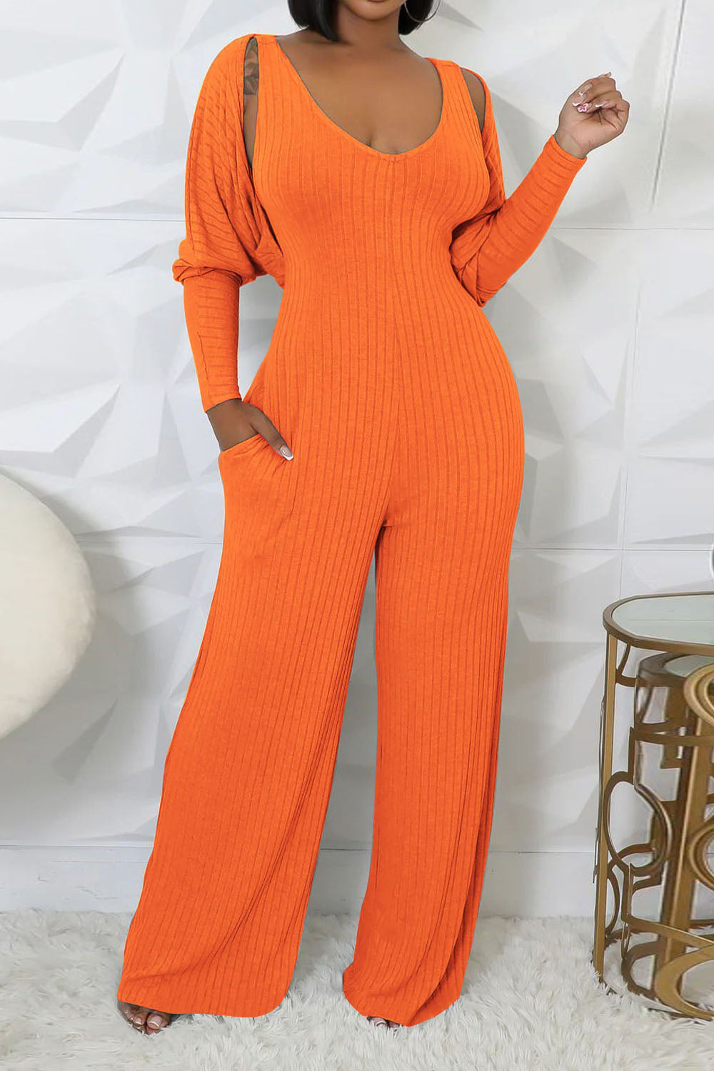 2-Piece Ribbed Knit Tank Jumpsuit & Cropped Top Set Lavish Daily